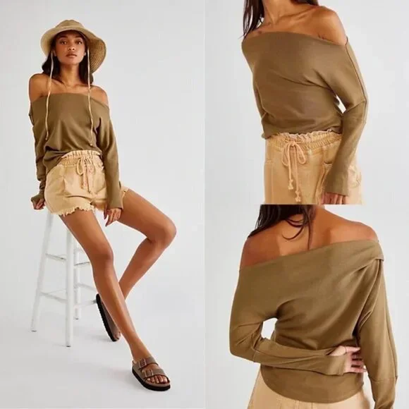 Free People Fuji Thermal Waffle Knit Long Sleeve Top size XS olive cozy comfy