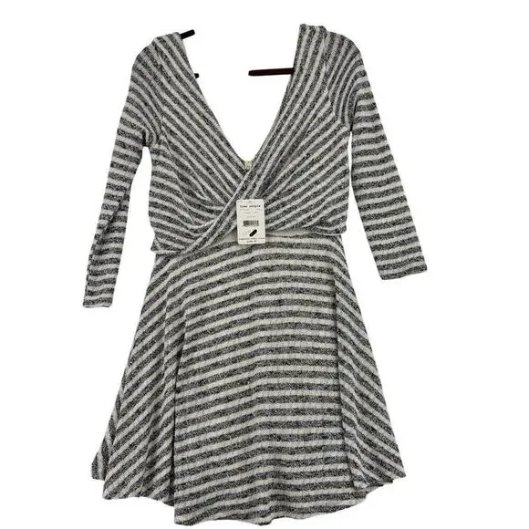 Free People Maverick Surplice Mini Dress Size‎ M Black Cream Striped Low V Neck
