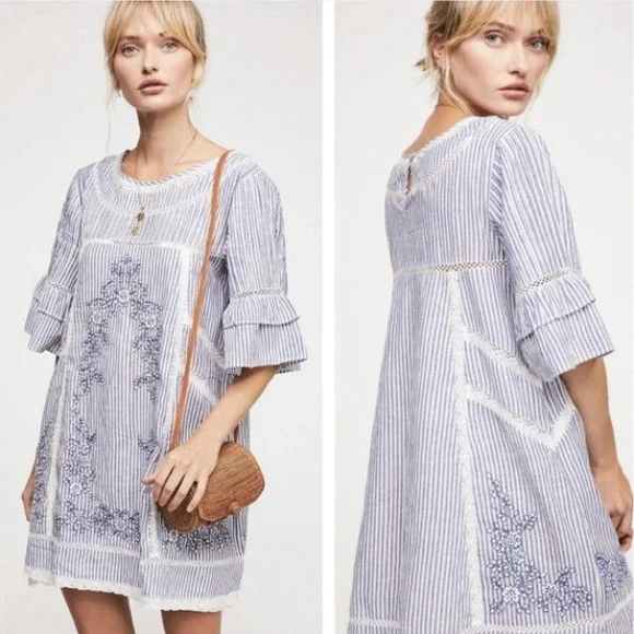 Free People Sunny Day Dress L Blue White Stripe Embroidered Cotton Boho Mini