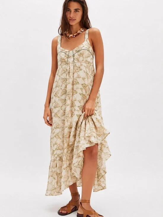Free People Love Birds Maxi Dress | Cream Floral High-Low Hem | Small