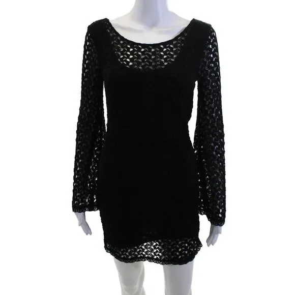 Free People Womens Black Bodycon Mini Dress Long Sleeve Round Neck Size XS