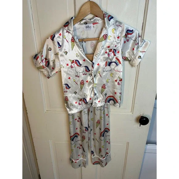 Lola + The Boys Girls Unicorn Rainbow Satin Pajama Set White Size 6 Short Sleeve