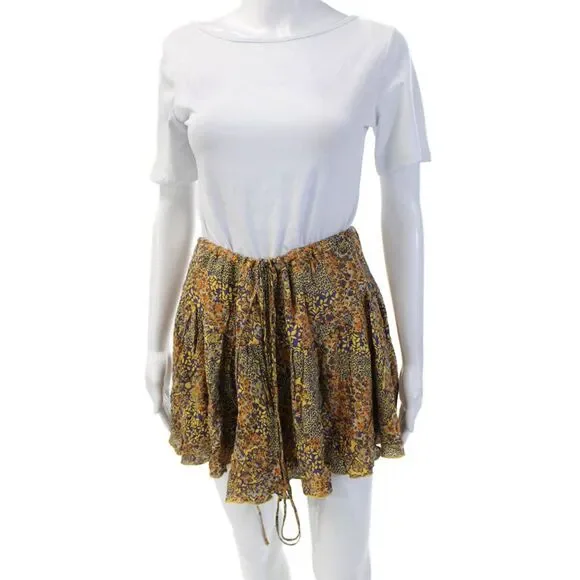 Free People Women Peasant Flare Mini Skirt Blue Floral 100% Viscose Size 40