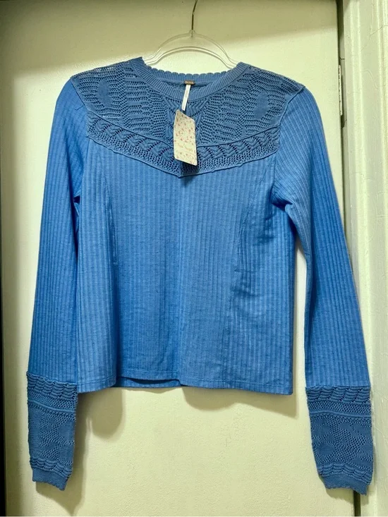 Free People Sky Blue Crochet Yoke Long Sleeve Tee