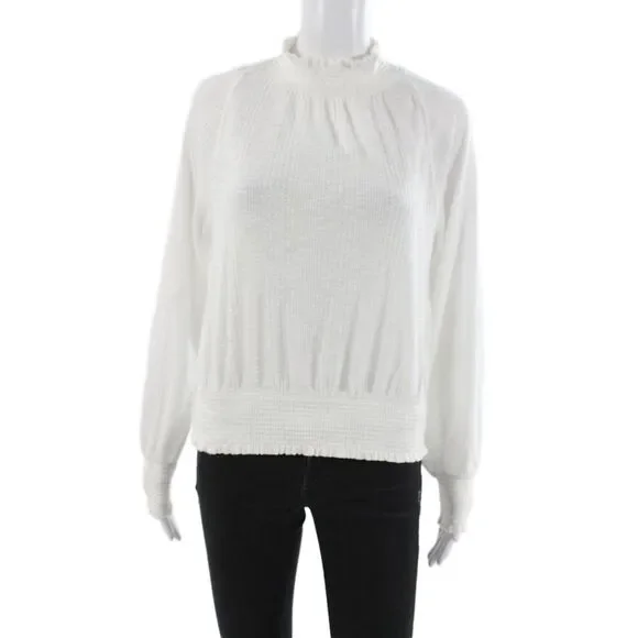 Free People Womens Boho Mock Neck Long Sleeve Button Blouse White Size XS