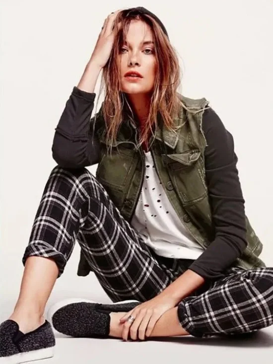 Free People Olive Green Moto Jacket with Black Hoodie and Sleeves