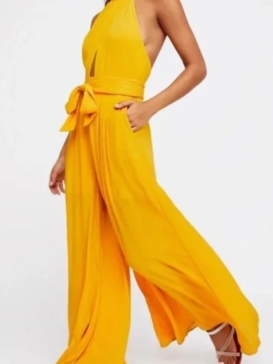 Free People Yellow Keyhole Halter Wide-Leg Jumpsuit with Tie Waist Size Large
