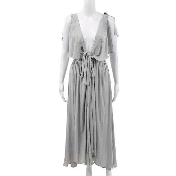 Free People Women Maxi Dress Gray Rayon V-Neck Tie Short Sleeve Size XS