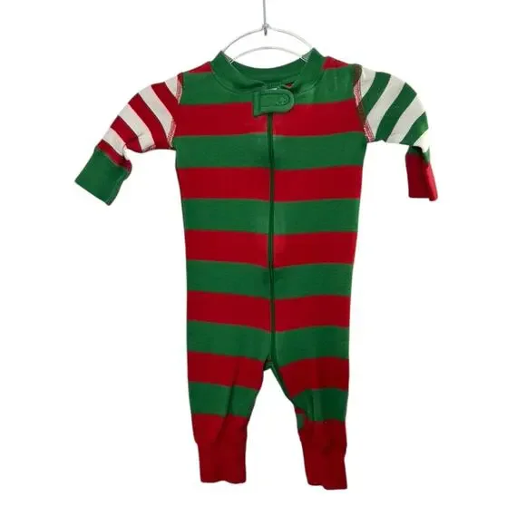 Hanna Andersson Red & Green Stripe Long Sleeve One Piece Pajama Set 0-6 Months