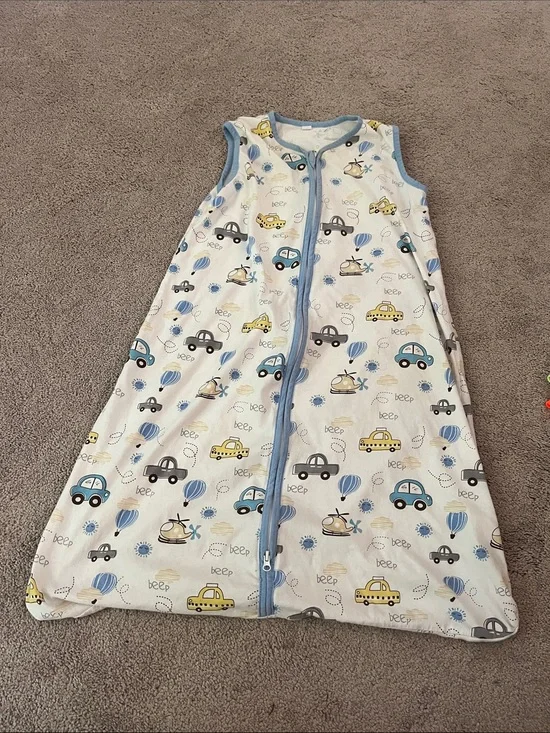 Sleeveless Baby Sleep Sack - Blue, Yellow & Gray Vehicle Print