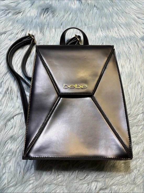 bebe Black Geometric Paneled Faux Leather Backpack