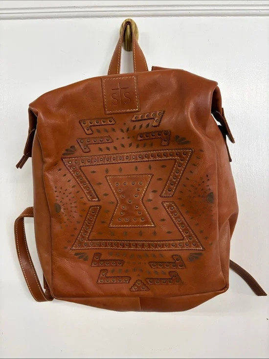 STS Ranchwear Tan Leather Backpack with Studded Southwestern Design