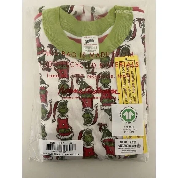 Hanna Andersson Grinch Mix It Up Dr. Seuss Long John Pajamas Size 120 US 6-7 NWT