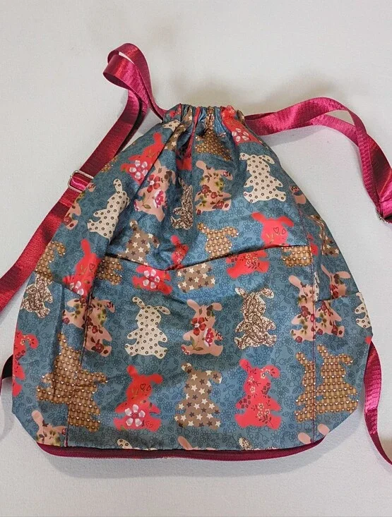 Foldable Drawstring Backpack Floral Bunny Patchwork Pattern Pocket On Front
