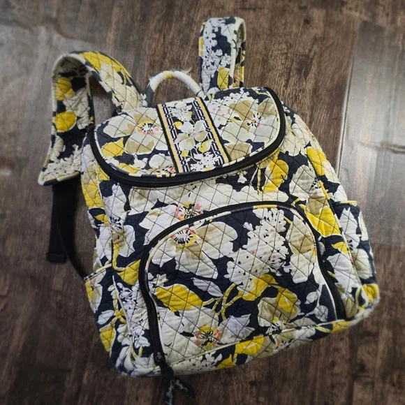 VERA BRADLEY Backpack Womens OS Yellow‎ Black Floral Quilted Cotton Bag