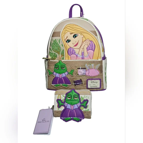 Loungefly Disney Tangled Rapunzel Pascal Dress Mini Backpack Wallet NWT