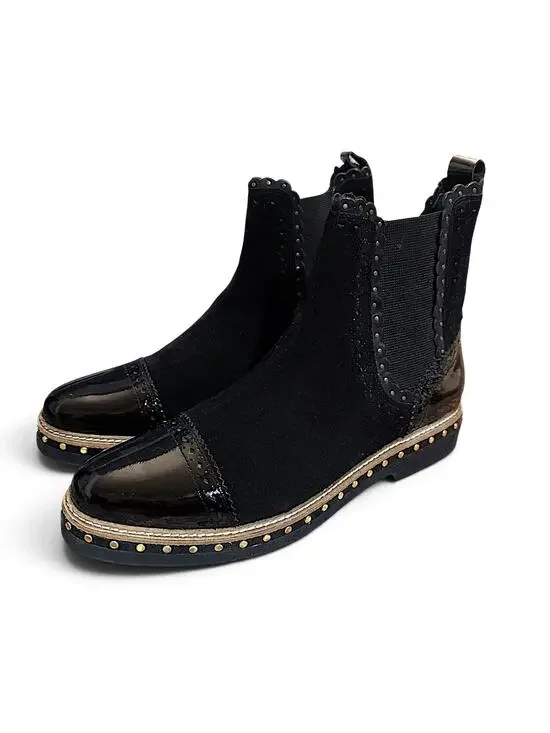 Free People Black Suede Chelsea Ankle Boots | Patent Cap Toe | Size W 41 (US 10)