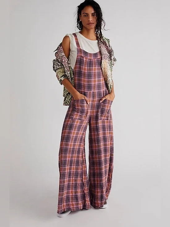 Free People x CP Shades Cyprus Plaid Overalls Size M Pink Valentine 100%cotton