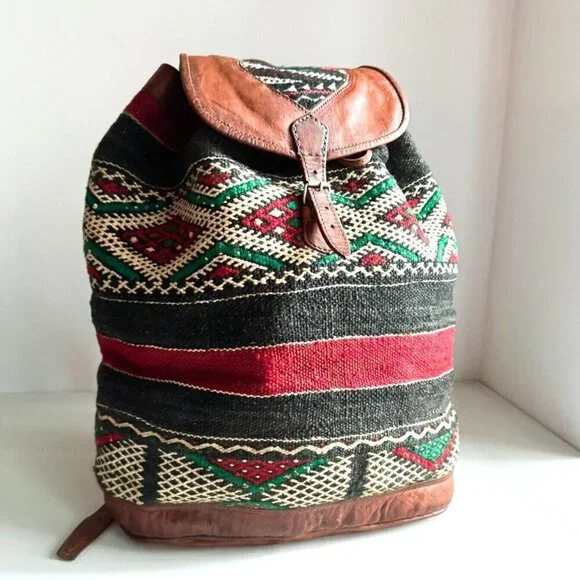 Vintage Handmade Ethnic Kilim Leather LArge Backpack