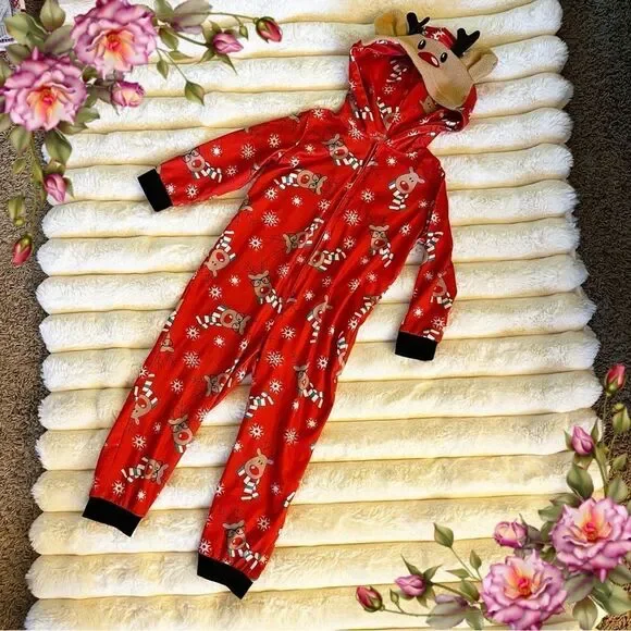 Christmas Reindeer‎ print Hooded zip up pajama outfit