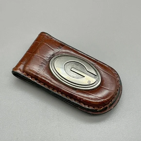 Guess Genuine Leather Money Clip Brown Croc Embossed Silver Tone Logo Wallet