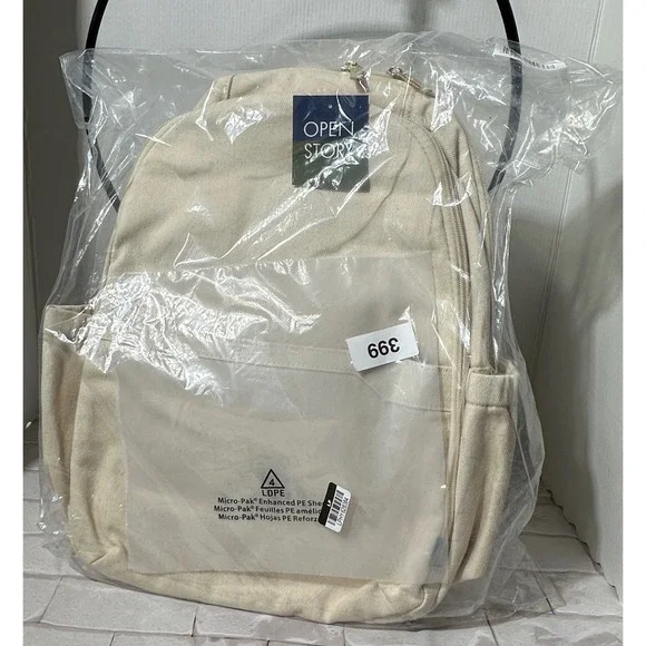 Open Story‎ Canvas Backpack Beige Clear Front Pocket Adjustable Straps New