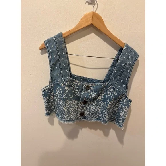 Free People Blue Floral Print Denim Crop Top Button Front Square Neck Medium