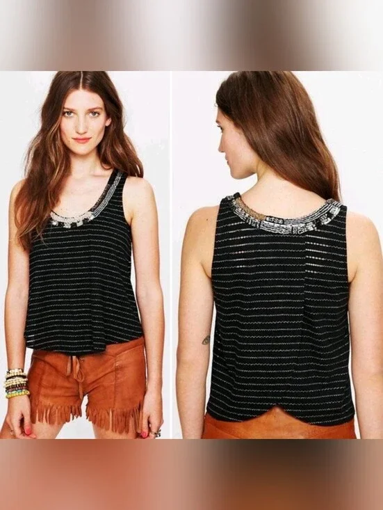 Free People Aztec Louie Split Back Beaded Tank Top Size Small