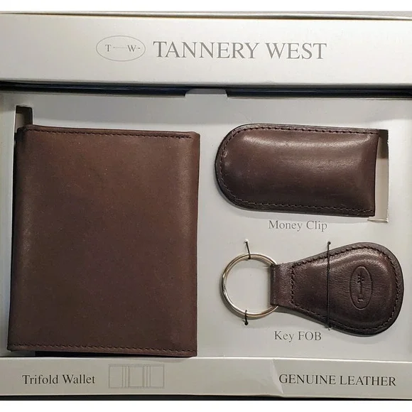 VTG New Genuine Leather Tannery West Men's Tri-Fold Wallet Money Clip Key Chain