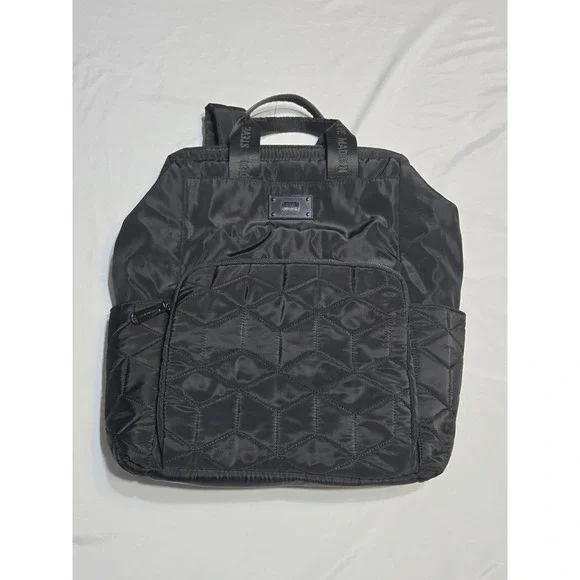 Steve Madden Quilted Backpack Black Square Rucksack Lg Zip Pockets Logo School
