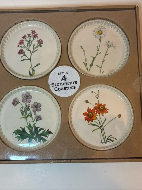 Thirstystone Brown Coaster Set Stoneware FLORAL Like New In Box