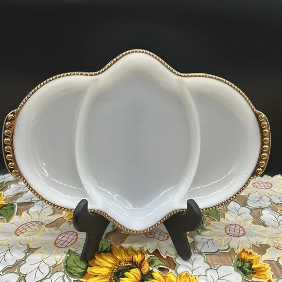 Fire King White With  Gold Trim 3 Part Relish Dish Anchor Hocking