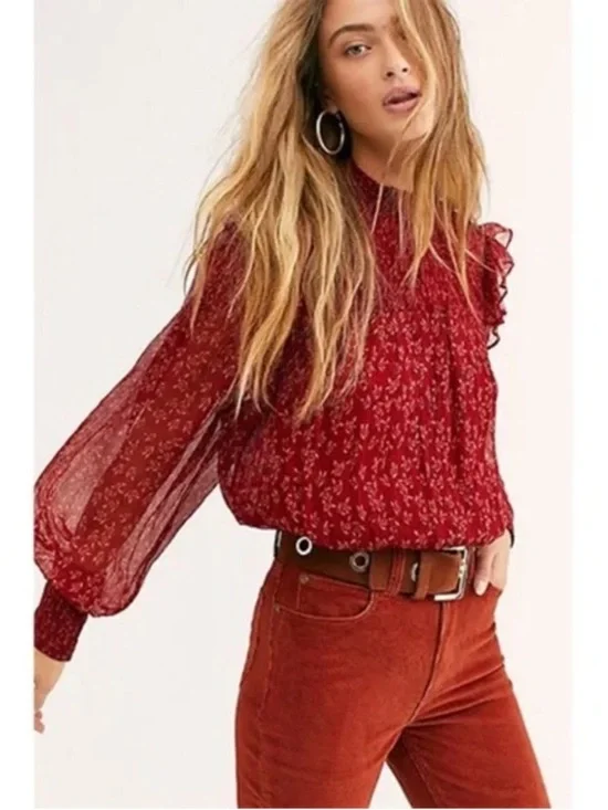 Free People Red Floral Smocked Blouse Ruffle Sleeve Boho Top S
