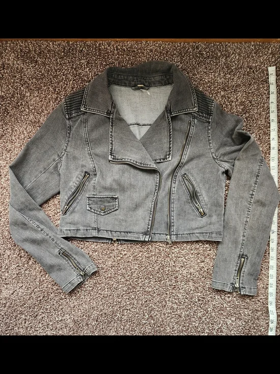 Free People Gray Cropped Denim Moto Jacket