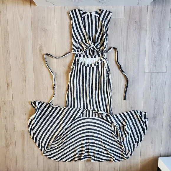 Free People LA Babe Stripe Midi Dress Womens 0 Black Dolman Sleeve Boho Summer