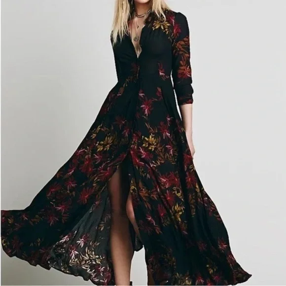 Rare Free People After The Storm Black Red Floral Print Boho Maxi Shirt Dress 4