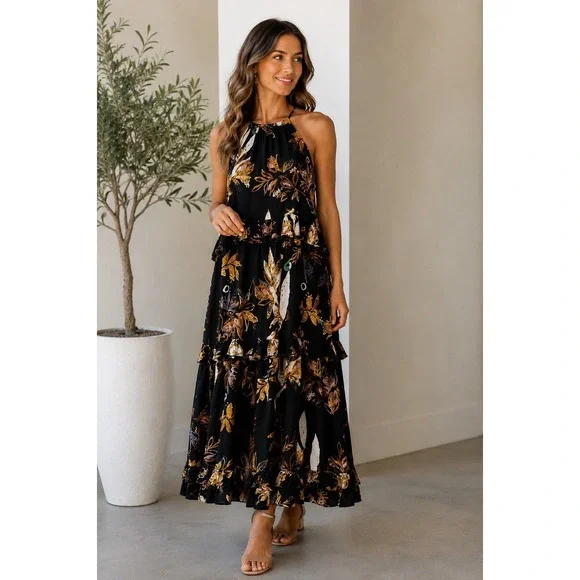 Free People Black Floral Tiered Halter Midi Dress Boho‎ Ruffle Size XS