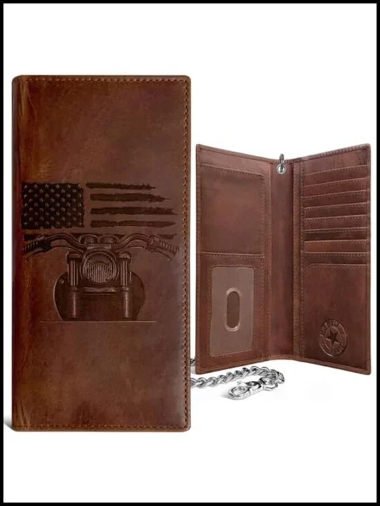 Tall Leather Wallet with Chain RFID Blocking 10 Card Slots Biker Motorcycle