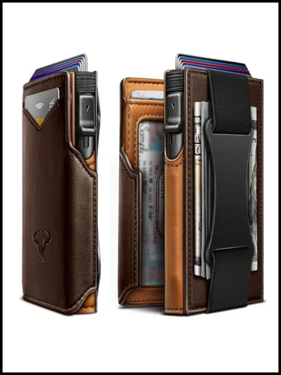 Men's Slim Leather Wallet with RFID Blocking & Money Clip, Pop-up Access