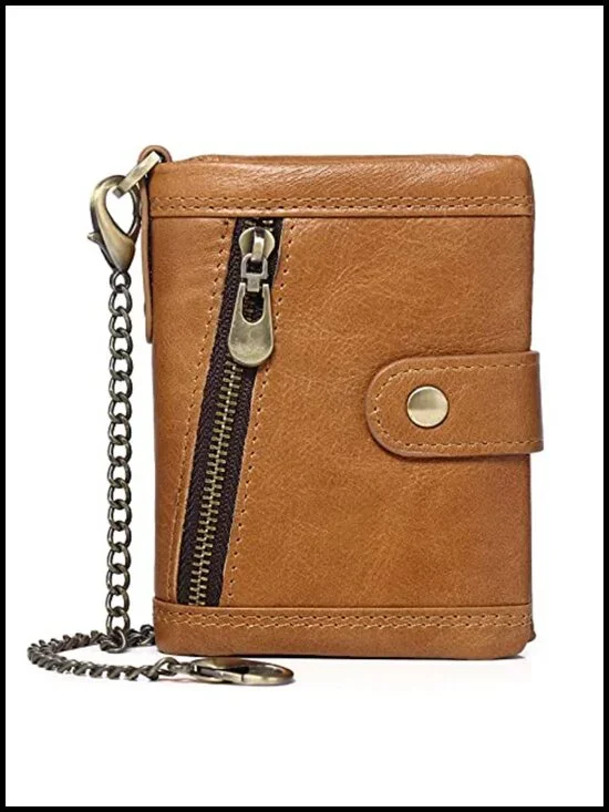 Genuine Leather RFID Bifold Wallet with Anti-Theft Chain, Multifunctional Card