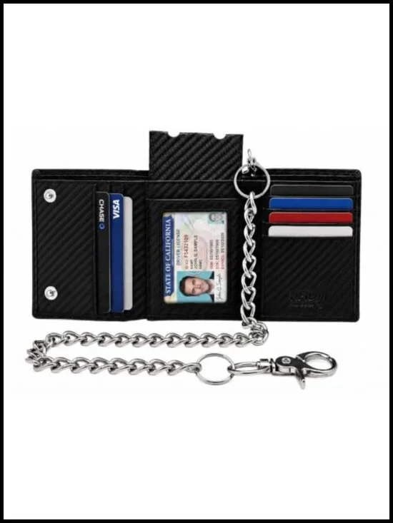 Carbon Fiber Leather Men's Trifold Wallet With Detachable Chain RFID-Safe