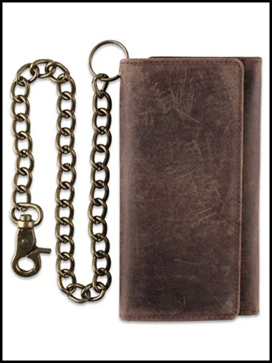 RFID Blocking Tri-Fold Cowhide Leather Wallet with Steel Chain