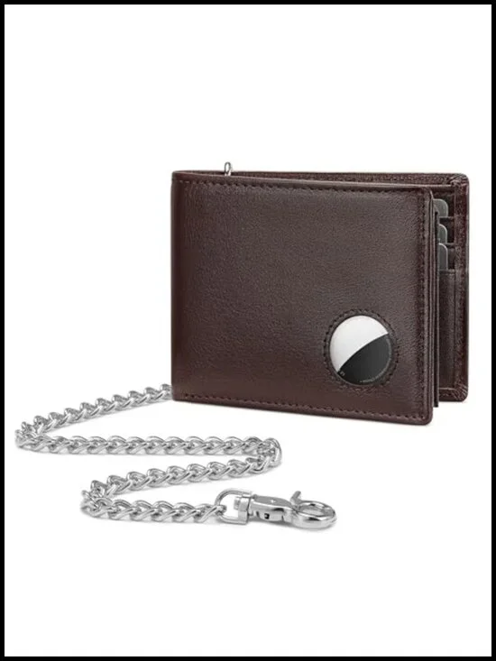 Mens Leather Bifold Wallet with Chain RFID Blocking Slim Minimalist