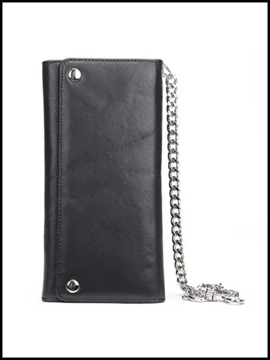 Genuine Leather Trifold Wallet with Metal Chain RFID Blocking for Men