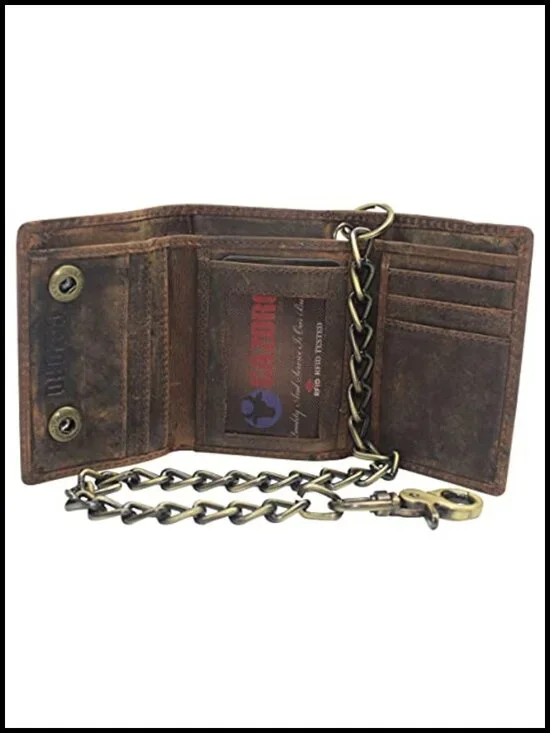 Men's RFID Blocking Trifold Leather Biker Wallet with Chain