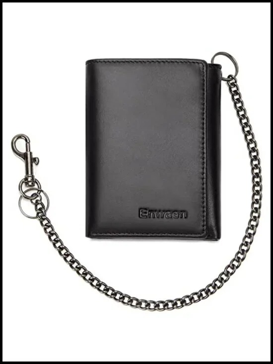 Genuine Leather Trifold Wallet with Chain RFID Blocking Anti-Theft for Men