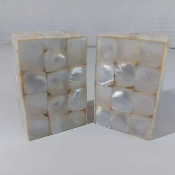 Vtg Mother Of Pearl Salt And Pepper Shakers Mosaic Block Iridescent Beach Decor