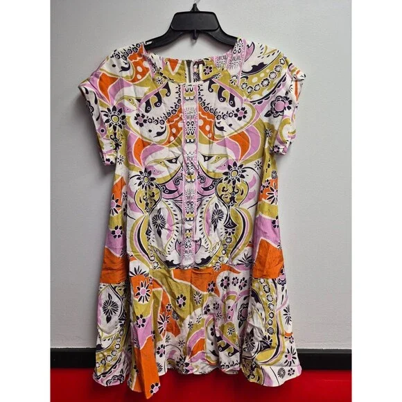 Free People Multicolor Paisley Shift Dress XS Mini Short Sleeve Boho Retro Flora