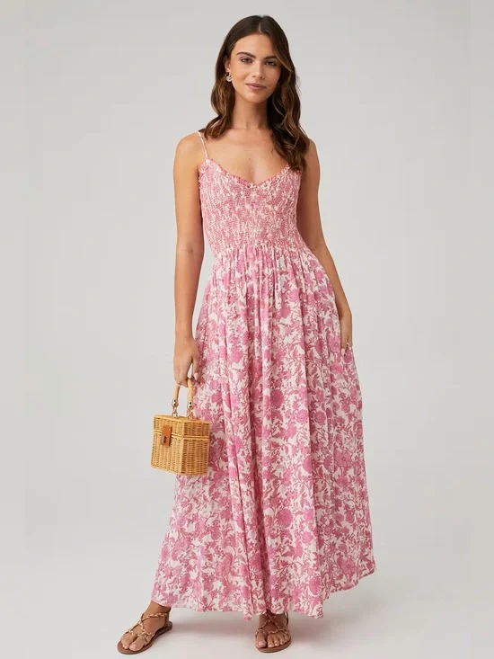 Free People Sweet Nothings Midi / Maxi Dress in Pink Floral - L