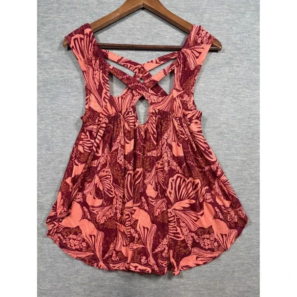 Free People‎ XS Floral Crisscross Back Babydoll Tank Top Sugar Cane